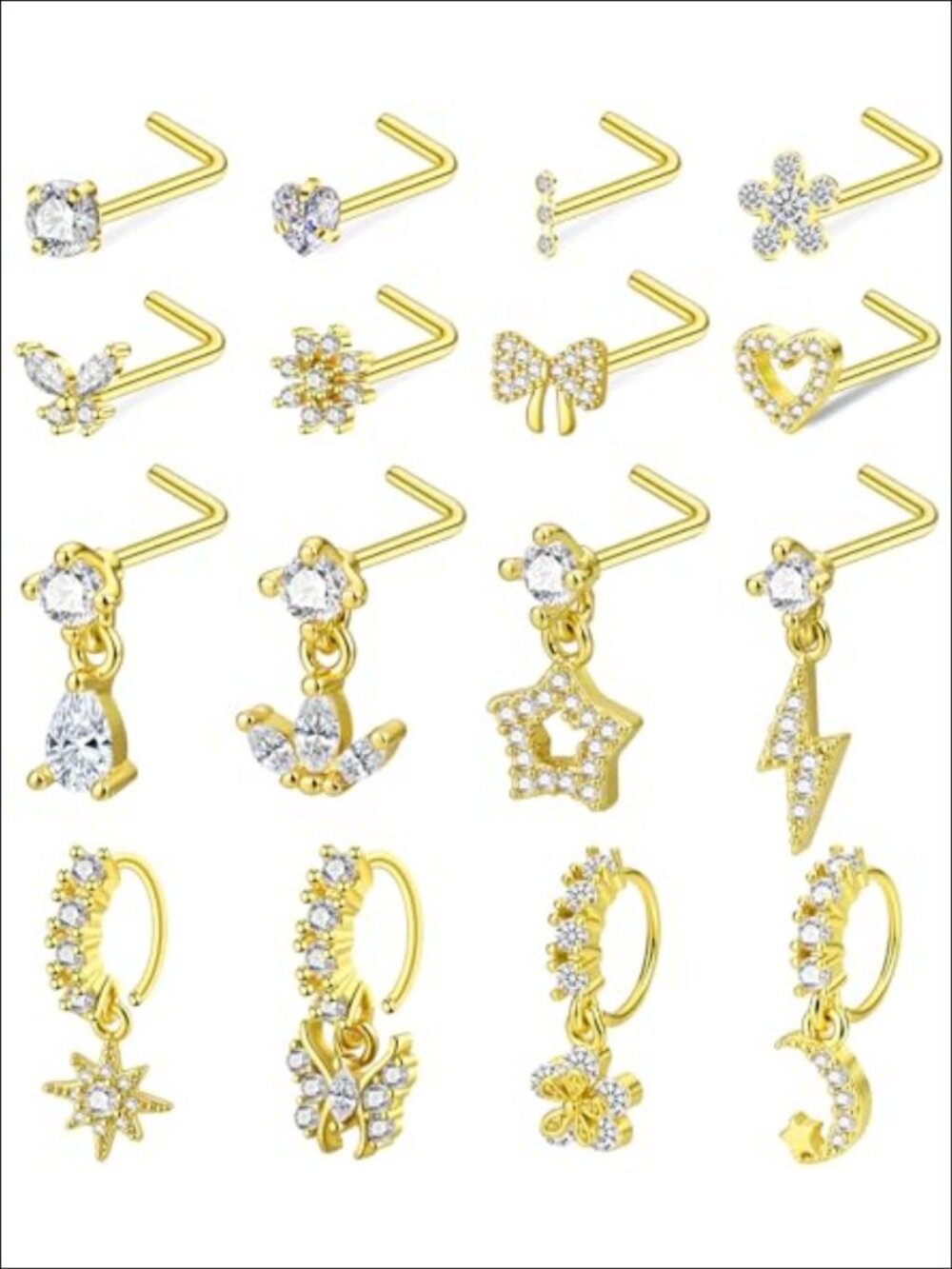 20G Surgical Steel Dangle Nose Rings L Shaped Nose Studs CZ Piercing Jewelry